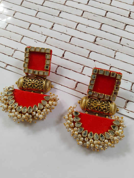 Bright Red Rectangular Beaded Earrings For Women