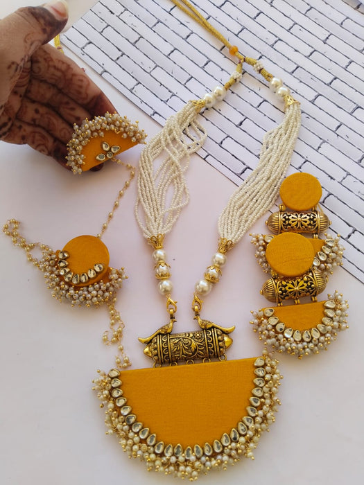 Bright Yellow And Golden Necklace Earrings Bracelet Tika Set