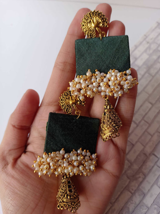 Dark Green Beaded Long Jhumka Earrings