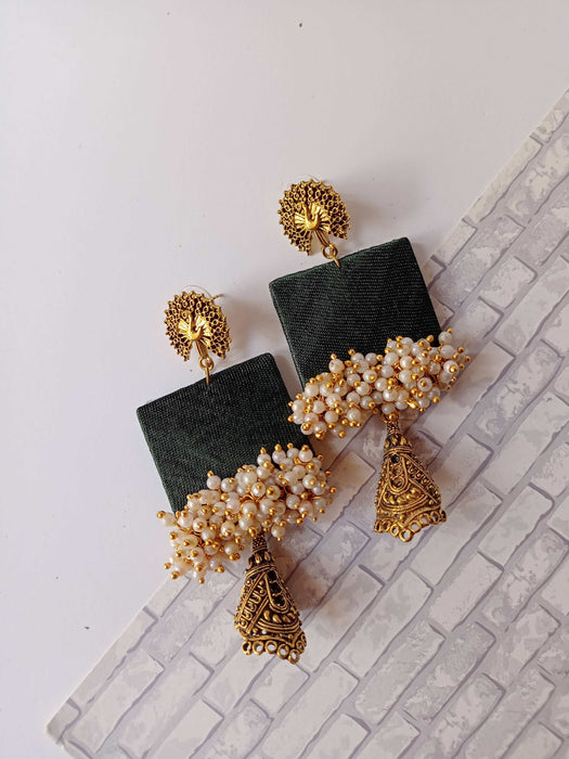 Dark Green Beaded Long Jhumka Earrings