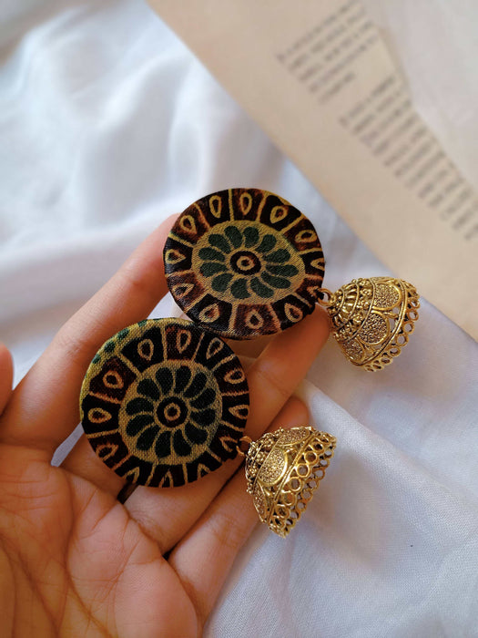 Dark Green Printed Earrings With Golden Bottom