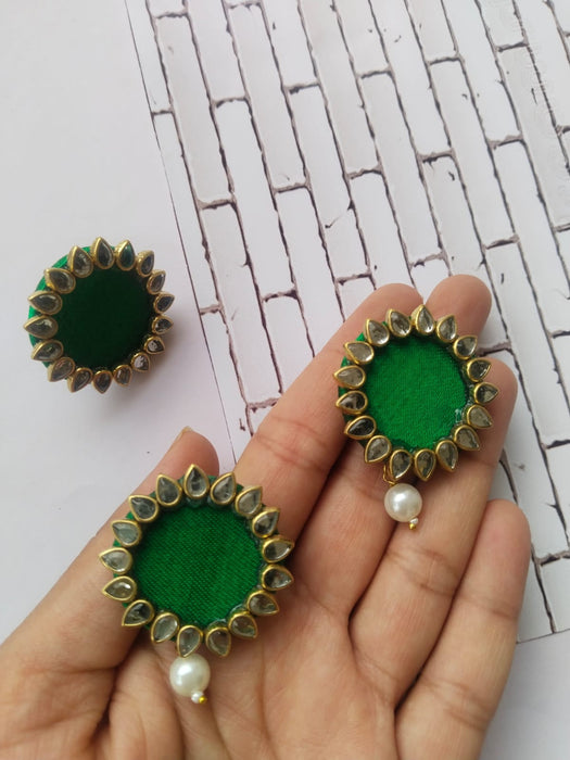 Green Kundan Rings And Studs Earrings Combo Set For Women