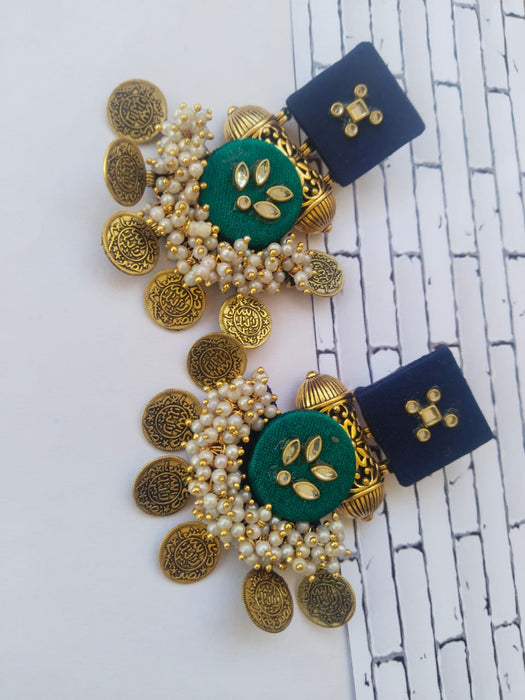 Green And Blue Golden Coins Heavy Kundan Jhumka