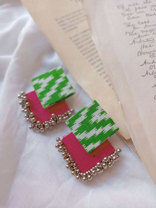 Green And Pink Printed Fabric Earrings