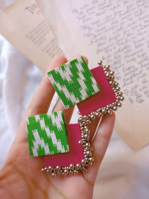 Green And Pink Printed Fabric Earrings