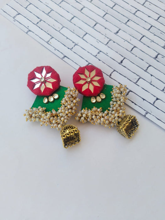 Green And Red Golden Beaded Heavy Long Jhumka