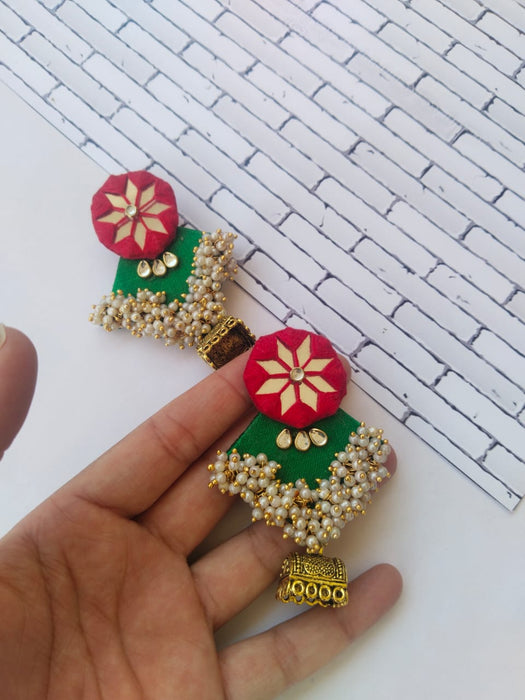 Green And Red Golden Beaded Heavy Long Jhumka