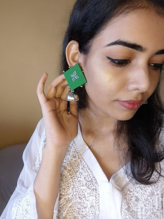 Green And Silver Oxidized Jhumka Earrings