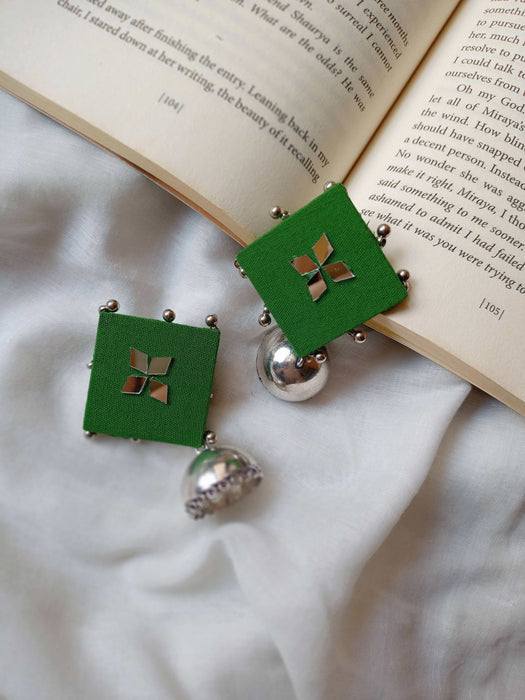 Green And Silver Oxidized Jhumka Earrings