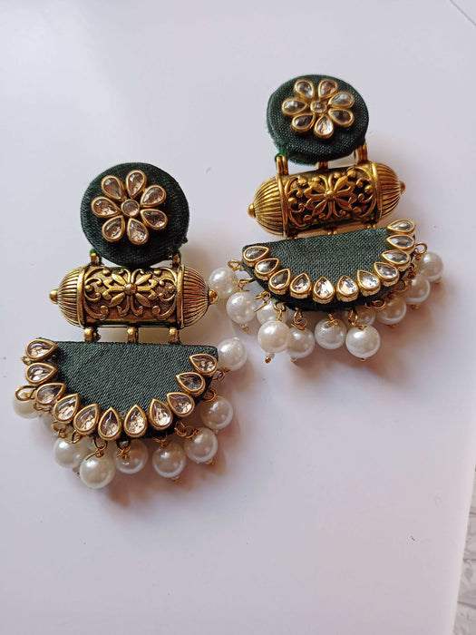 Green Kundan And Pearls Heavy Jhumka Earrings