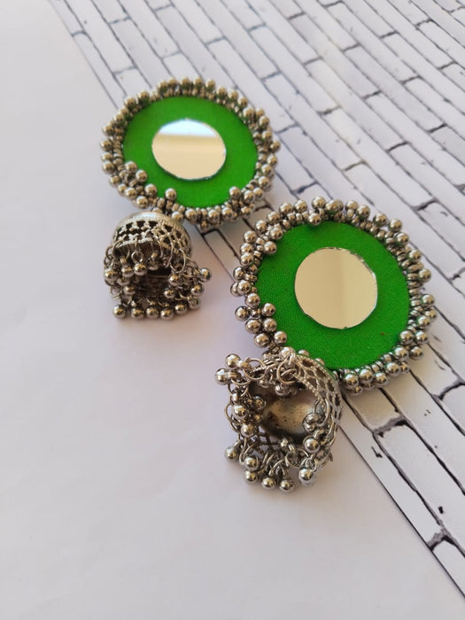 Green Mirror Oxidized Silver Jhumkas