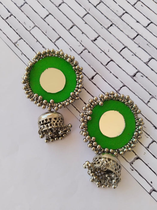 Green Mirror Oxidized Silver Jhumkas