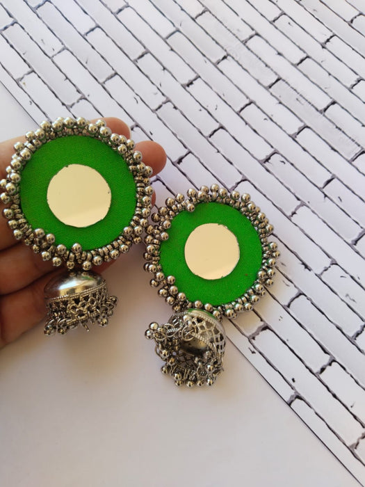 Green Mirror Oxidized Silver Jhumkas