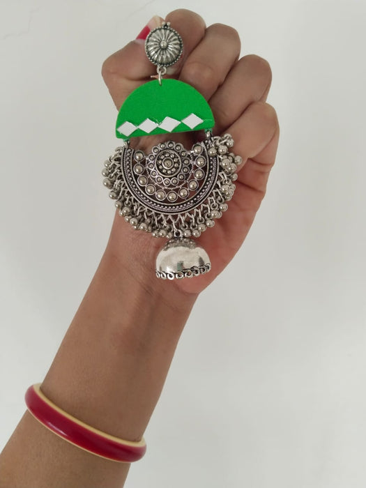 Green Oxidized Heavy Long Jhumka With Ghungroos