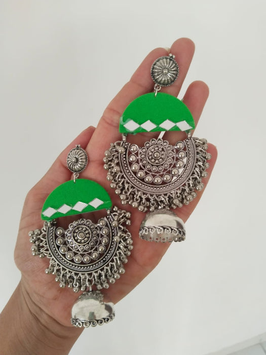 Green Oxidized Heavy Long Jhumka With Ghungroos