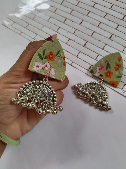 Green Floral Printed Oxidized Earrings