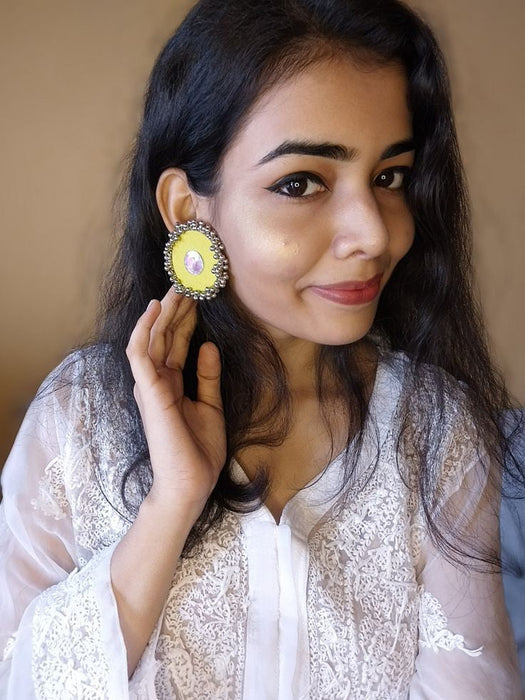 Green With Silver Beads Big Studs Earrings