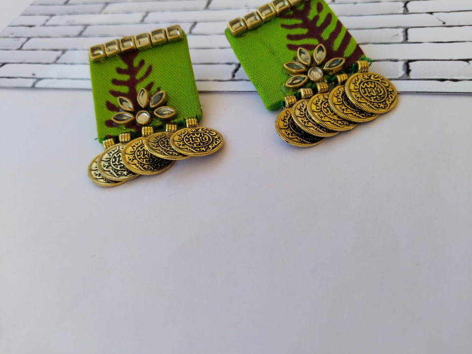 Lime Green Fabric Golden Coin Studs Earrings