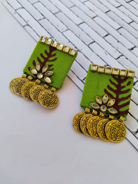 Lime Green Fabric Golden Coin Studs Earrings