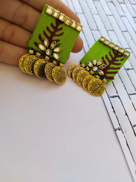 Lime Green Fabric Golden Coin Studs Earrings