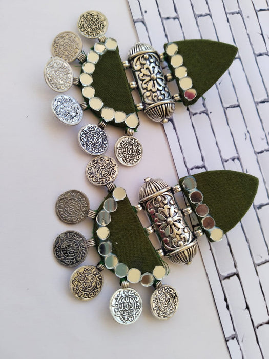 Mehndi Green Beaded Coins Fabric Jhumka