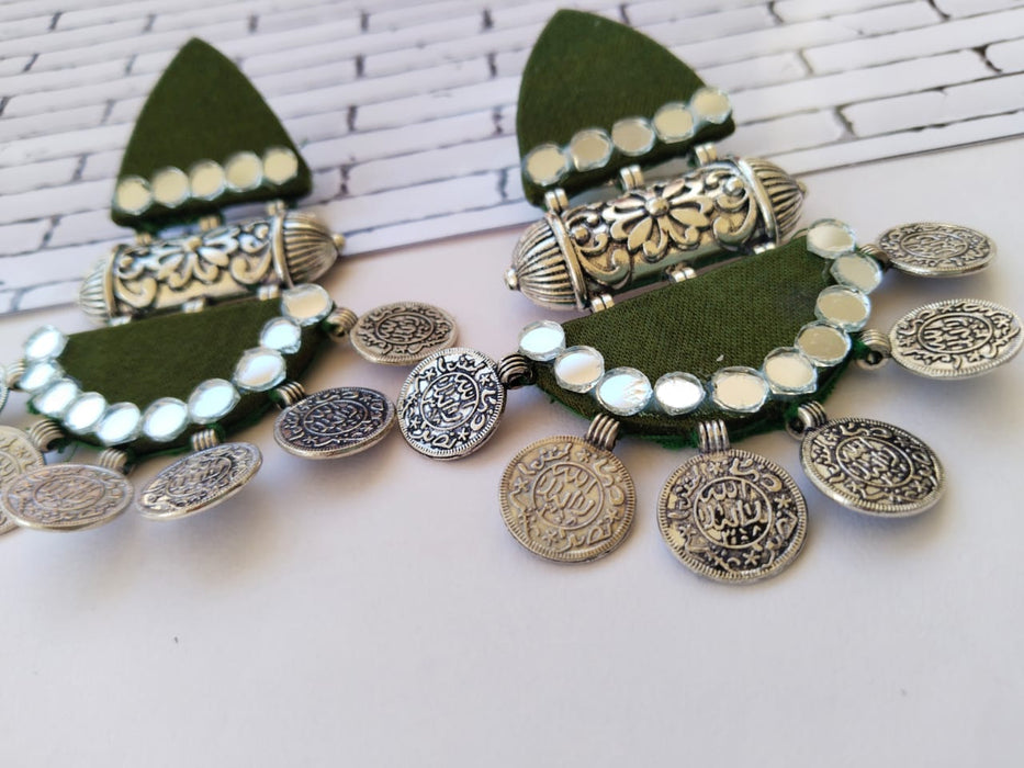 Mehndi Green Beaded Coins Fabric Jhumka