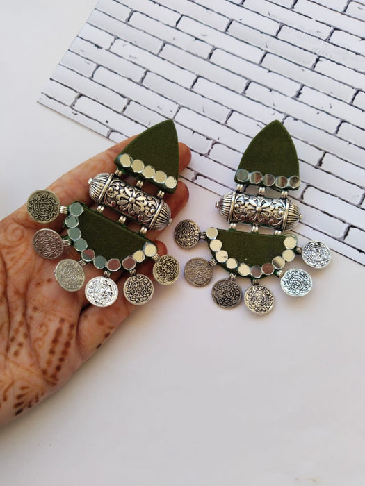 Mehndi Green Beaded Coins Fabric Jhumka