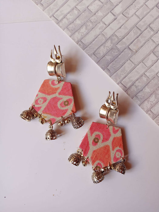 Orange Printed Floral Trishul Charm Earrings