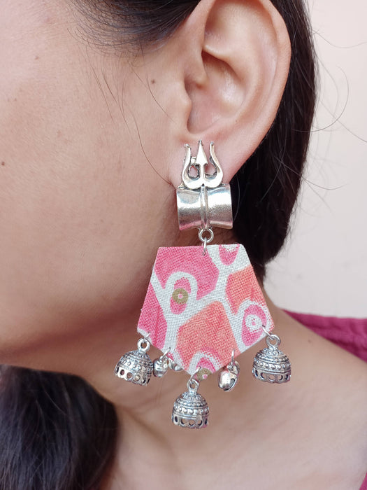 Orange Printed Floral Trishul Charm Earrings