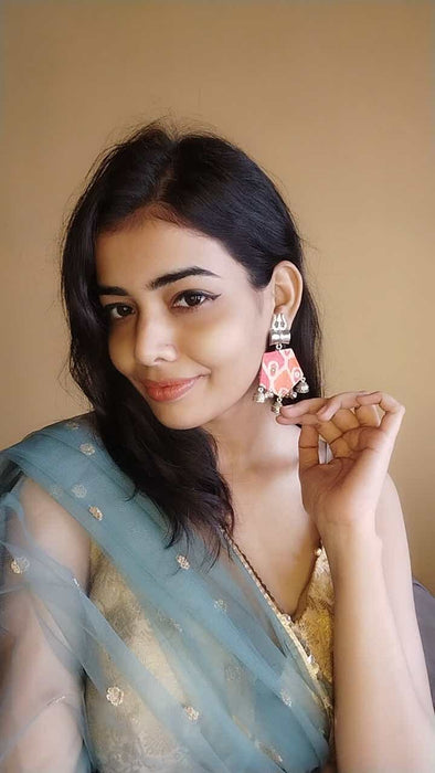 Orange Printed Floral Trishul Charm Earrings