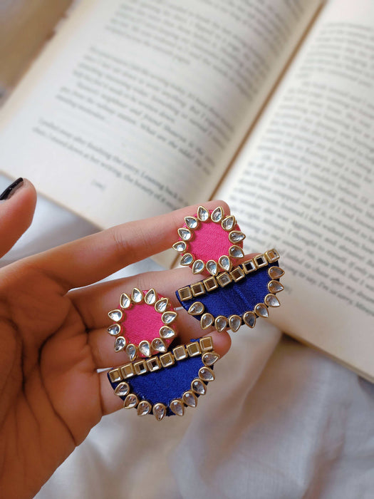 Pink And Blue Kundan Fabric Earrings