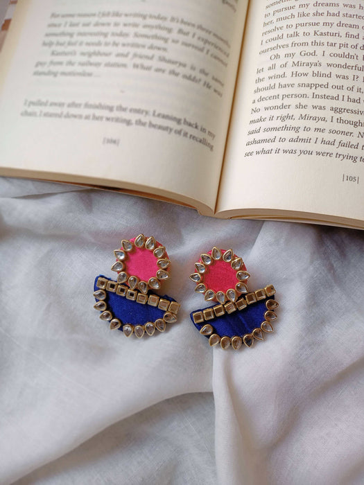 Pink And Blue Kundan Fabric Earrings