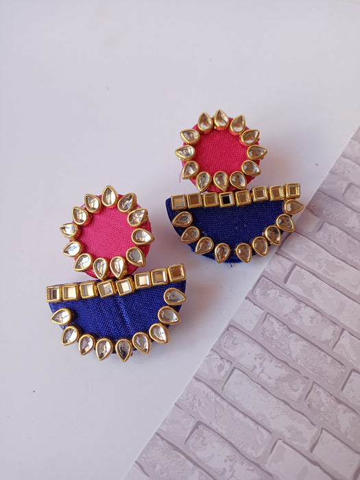 Pink And Blue Kundan Fabric Earrings