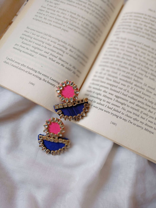 Pink And Blue Kundan Fabric Earrings