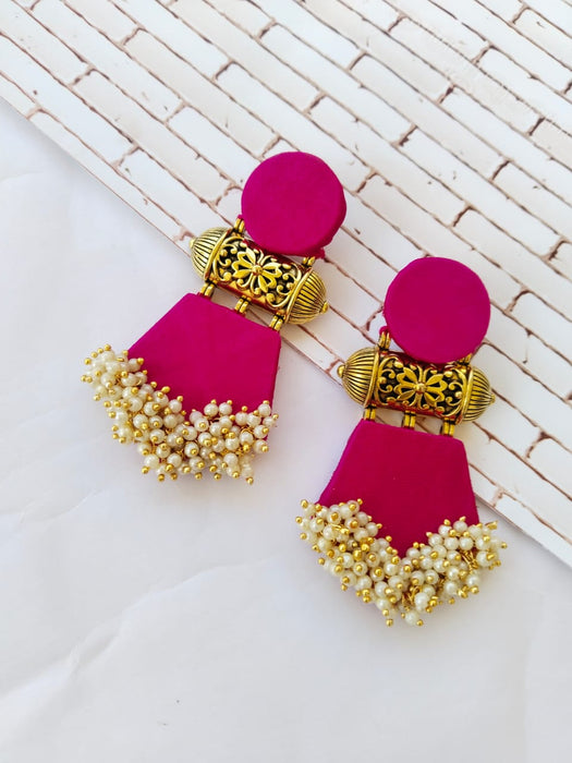 Pink And Golden Beaded Long Jhumka Earrings