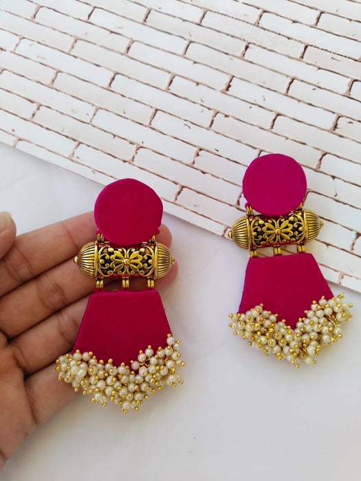 Pink And Golden Beaded Long Jhumka Earrings