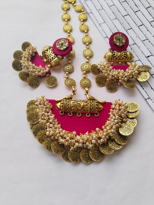 Pink And Golden Coin Traditional Necklace Earrings Set