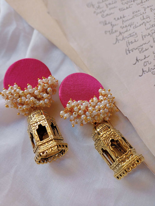 Pink Beaded Earrings With Golden Temple Bottom