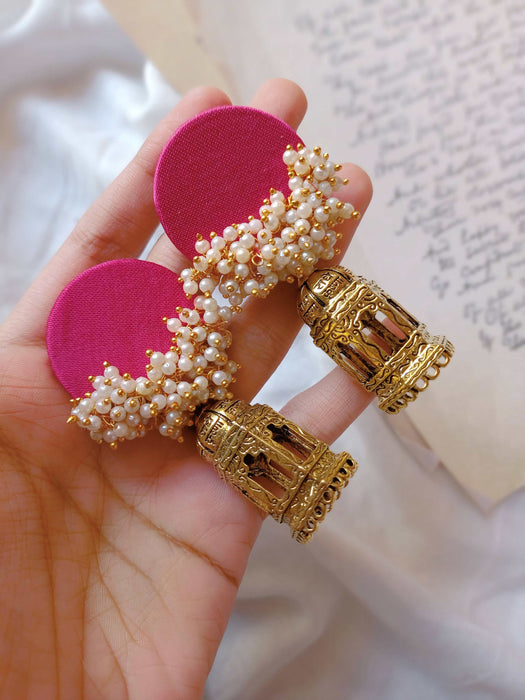 Pink Beaded Earrings With Golden Temple Bottom