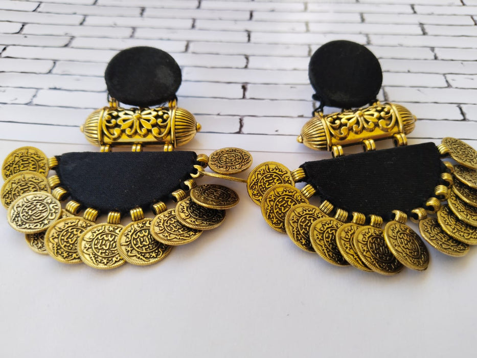 Plain Black And Gold Coins Jhumka Earrings