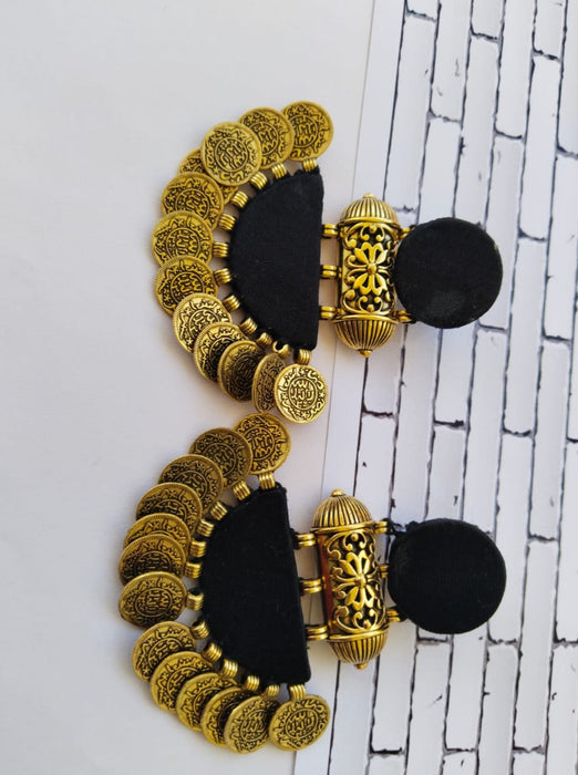 Plain Black And Gold Coins Jhumka Earrings