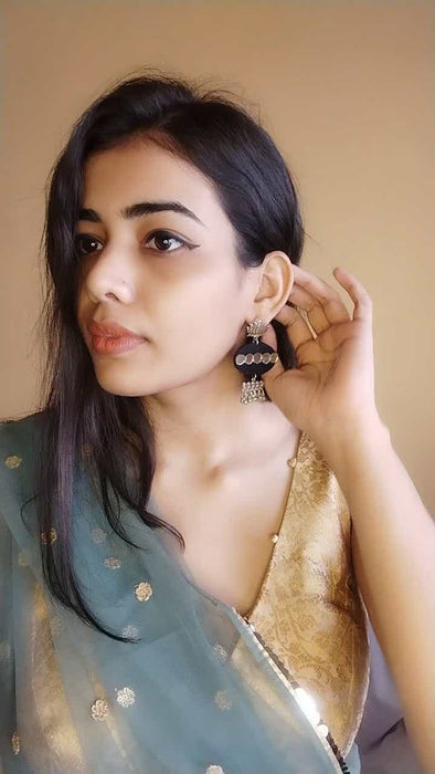 Plain Black Mirror And Silver Ghungroo Earrings