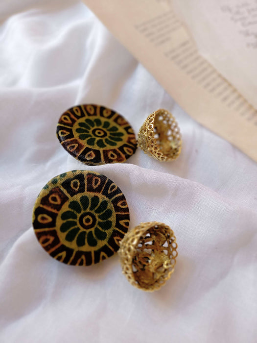 Dark Green Printed Earrings With Golden Bottom