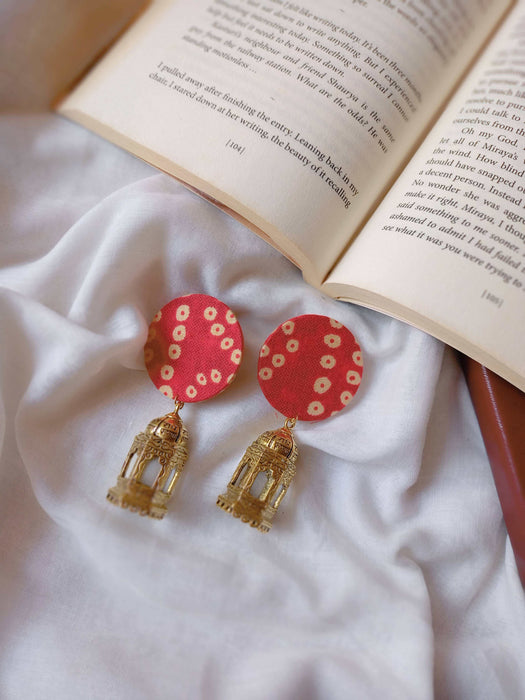 Red Bandhani Print Golden Jhumka Earrings