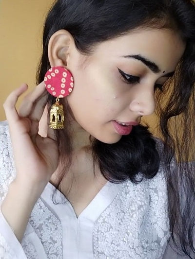 Red Bandhani Print Golden Jhumka Earrings