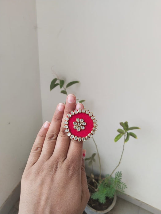 Red Kundan Finger Adjustable Ring