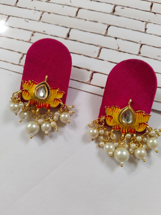 Red Lotus Pearls Studs Earrings For Women