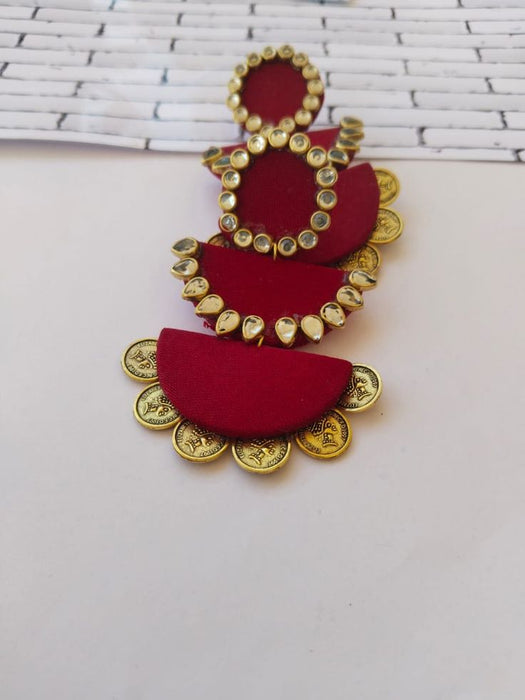 Red Maroon Kundan With Golden Coins Jhumka Earrings