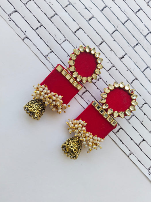 Red Rectangular Beaded Kundan Jhumka