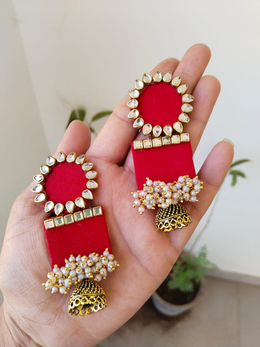 Red Rectangular Beaded Kundan Jhumka